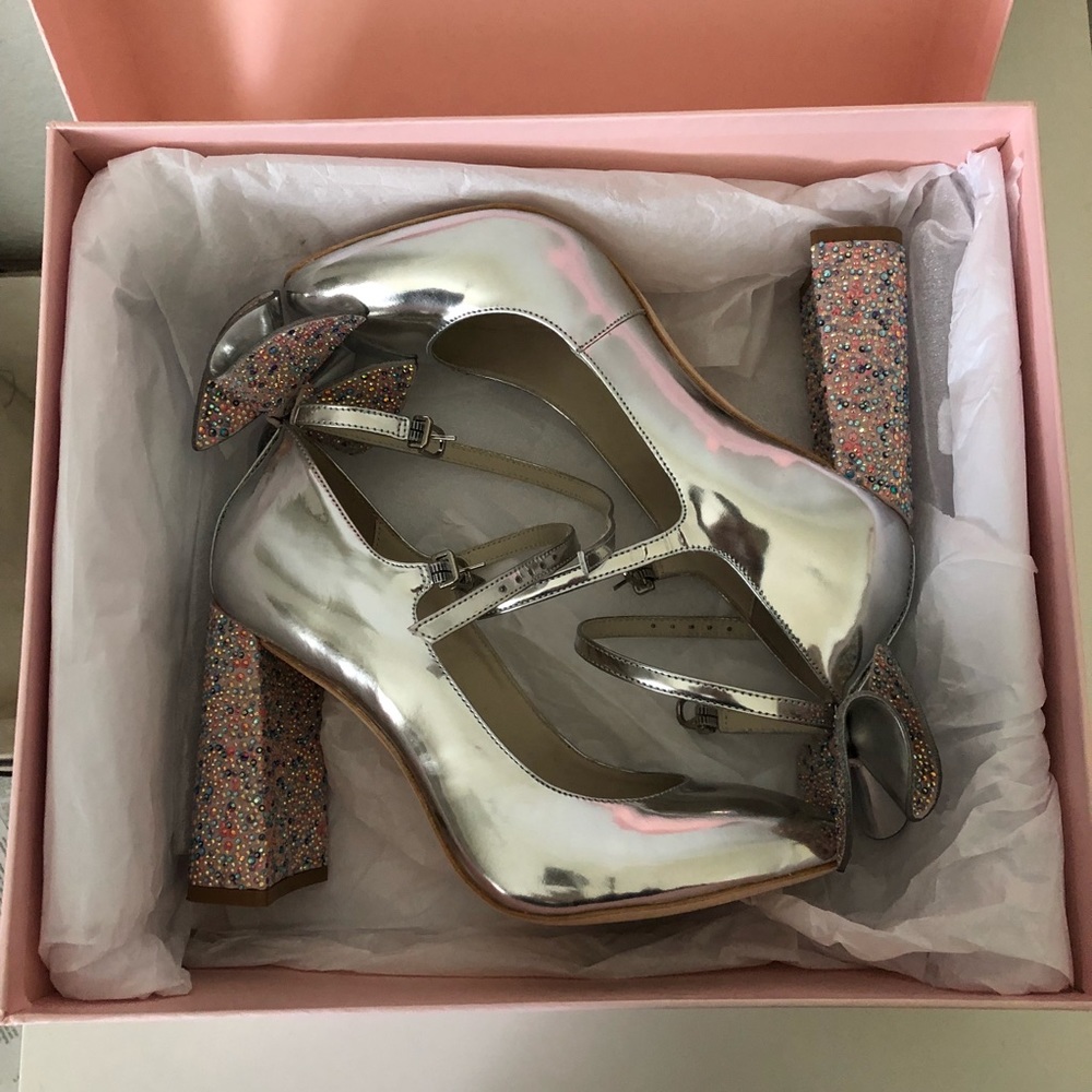 Sophia Webster Silver Mary Jane Heels with Multicolor Glitter Accents - Picture 3 of 8